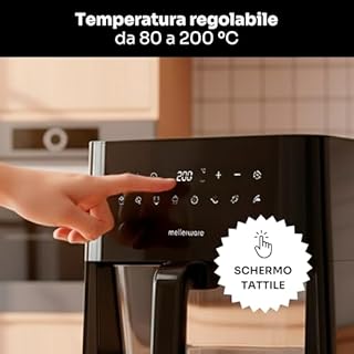 MELLERWARE - Friggitrice ad aria 1450 W | Cestello vetro 4,5 L | 9 programmi + preriscaldamento | Schermo tattile | Temp 80-200 °C | Timer 60 min | Lavabile in lavastoviglie