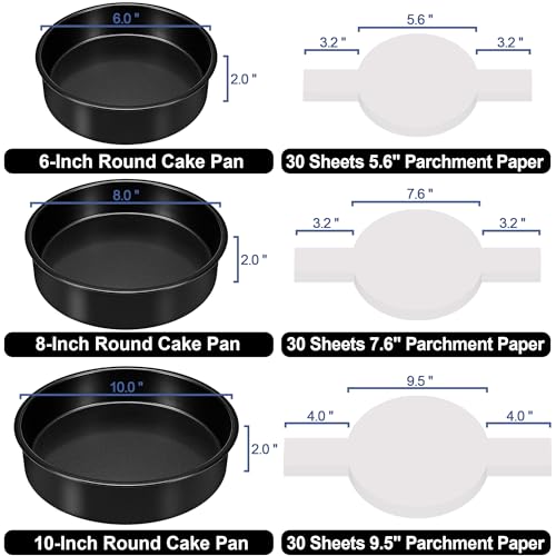 Round Cake Pans Set of 3 (6, 8, 10 Inch), Nonstick Circle Cake Pan with 90PCS Parchment Paper for Layer Cakes Deep-Dish Pizza Tart, Baking Pans Set for Christmas Birthday Thanksgiving, Dishwasher Safe by AWTBDP - Used condition - Image 2