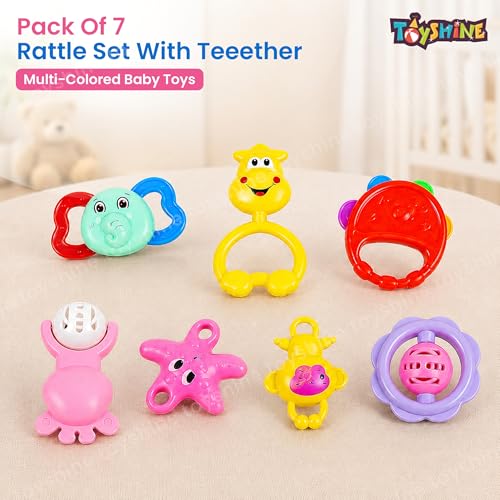 Image of Toyshine Pack of 7 Rattle Set with Teathers for Newborn Babies, Toy for Babies, Non-Toxic, Plastic, Multi-Colored