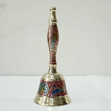 Brass Pooja Bell Hand Bell Ghanti for Pooja Room Temple Use 6 Inch, Multicolor