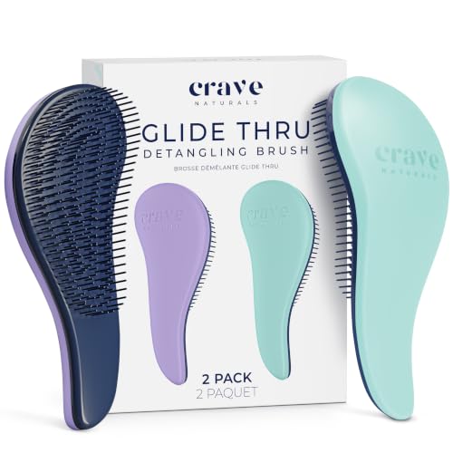 Crave Naturals Glide Thru Detangling Brush for Adults and Kids - Detangler Brush for Curly or Straight, Wet or Dry Hair - Gentle on Tangles Hair Comb - 7.5x3-Inch, Turquoise and Purple (Pack of 2)