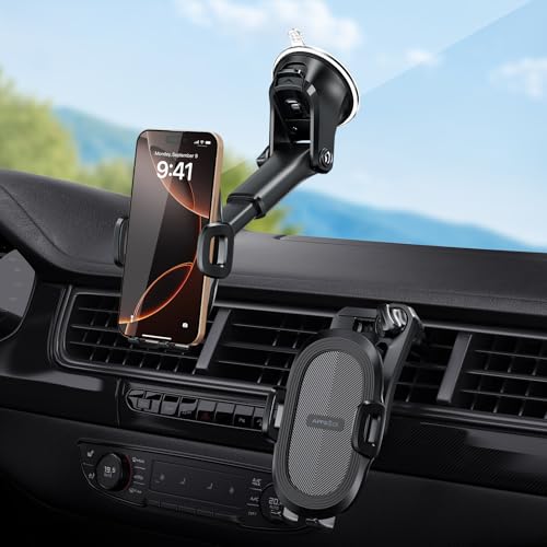 APPS2Car Supporto per telefono da auto, cruscotto e parabrezza, supporto universale a 360° per iPhone 12/11/Pro, Samsung S21 e altri da 4,7 a 6,8 (aspirazione + presa d'aria)