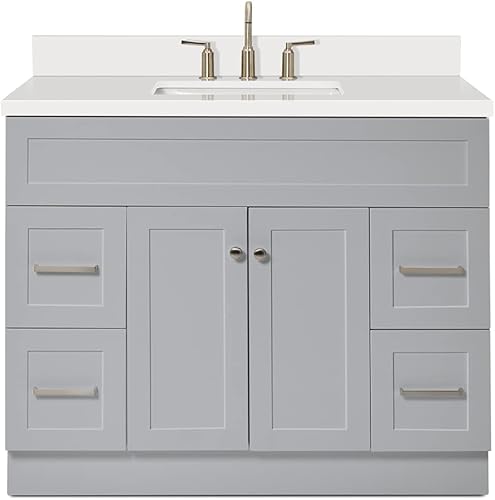 Miniatura 9 de ARIEL Tocador de baño gris de 43 pulgadas, encimera y salpicaduras de cuarzo blanco puro con borde de 1.5 pulgadas, fregadero rectangular, 2 puertas