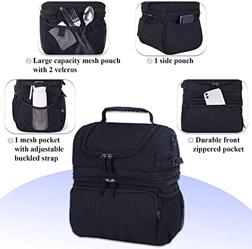 SEILBLOT Insulated Dual Compartment Lunch Bag Double Deck Reusable Expandable Cool Bag with Shoulder Strap for Men Women for Work Large Leakproof Thermal Lunch Pail for Picnic Camp Black