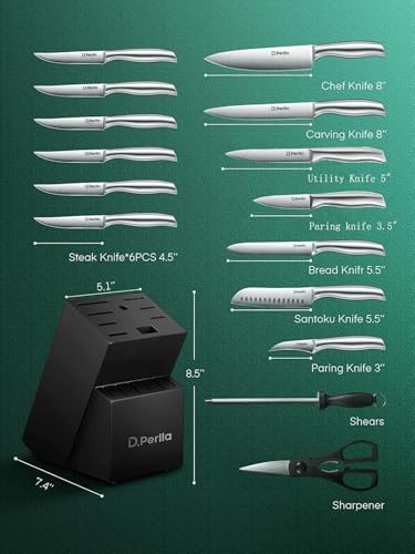 D.Perlla Set Coltelli da Cucina 16 Pezzi in Acciaio Inossidabile, Ceppo Professionali con Blocco in legno - immagine 3