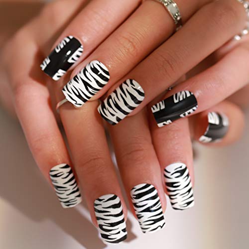 Blufly Matte French Press On Nails Purple Square Coffin Fake Nails Geometric Art Acrylic False Nails Tips For Women And Girls (Zebra Square) #TOP9