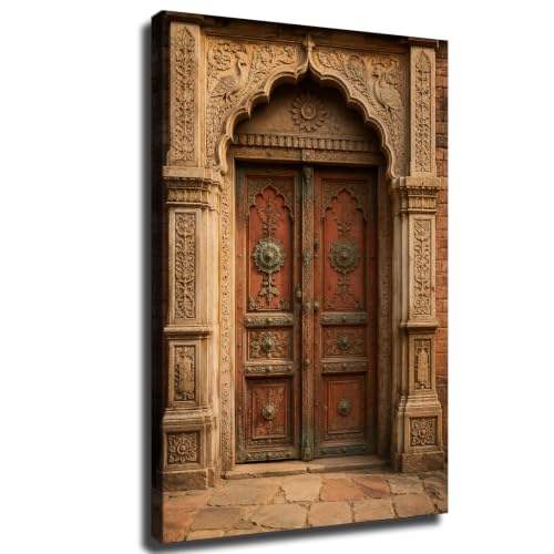 Antique Carved Indian Door Canvas Wall Art Vintage Ornate Peacock Floral Architecture Print Rustic Exotic Wall Decor Poster for Living Room Entryway Ready To Hang (Framed,08×12 inch)