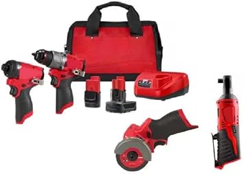 For Milwaukee 3497-22-2522-20-2457-20 M12 FUEL 12-Volt Li-Ion Brushless Cordless Hammer Drill & Impact Driver Combo Kit w/2 Cut Off Saw & Ratchet