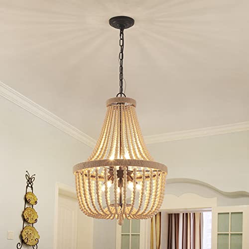 Dikaida Wood Bead Chandelier,8 Light Boho Nursery Farmhouse Pendant Light Fixture E12,Oak Semi Flush Mount Ceiling Light, Retro Vintage Rustic Boho Beaded Chandelier For Nursery Room,Foyer,Hallway #TOP6