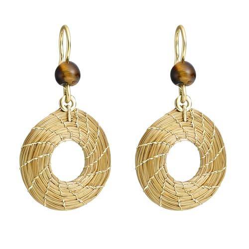 VERA NAVARRO - Pendientes Mandala Abierta Oro Vegetal con Piedra Ojo de Tigre - Hecho a Mano 100% Natural (20 mm) (20 mm)