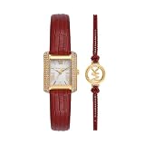 Michael Kors レディース EMERY 三針 レッド レザー ウォッチ&ブレスレット ギフトセット、MK4874SET