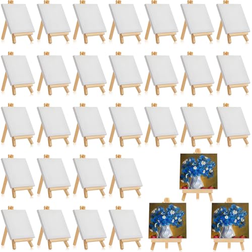 Image of Mimorou End of Year Gifts 32 Pack 3 x 3 Inch Mini Canvases with Easel Sets for Painting Small Art Stretched Canvases Panels Pack with Wood Display Easel for Kids Birthday Parties Back to School