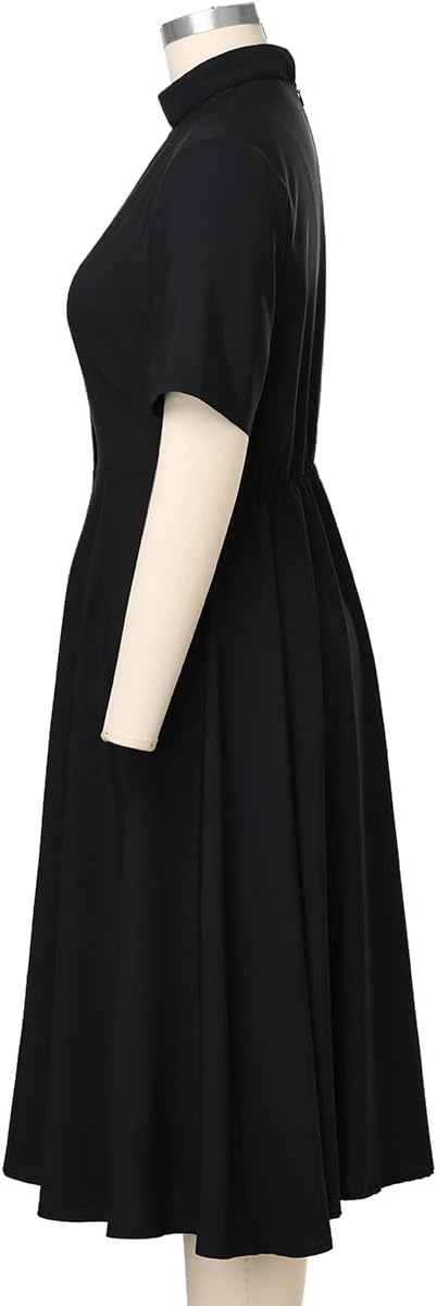 FAD-4U Church Clergy Dress for Women Short Sleeve Rows Buttons A Line Dress with Tab Collar