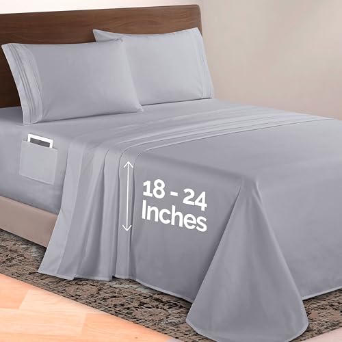 Image of Elegant Comfort Luxurious 1500 Premium Hotel Quality Microfiber 4-Piece Sheet Set, 18-24 Inches Deep - Extra Deep Pocket Sheets - Ultra Soft 4PC Deep Pocket Sheets, Full, Silver Gray