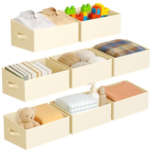 DIMJ Large Closet Storage Bins 8 Pack - Fabric Trapezoid Closet Organizer Bin, Foldable Storage Baskets for Shelves, Closet Shelf Organizer, Clothing Storage Box for Toys, Books, Towel, Clothes, Beige