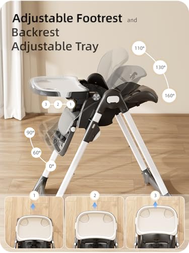 Image of Babilous High Chair, Foldable High Chairs for Babies and Toddlers with Removable Tray, Height Adjustable Feeding Chair, Adjustable Backrest and Footrest, Black