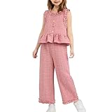 Teen Girls Plaid Outfits Summer Ruffles Button Tank Top Wide Leg Pants Set Kids Two Piece Trendy Cute (Pink, 4-5 Years)