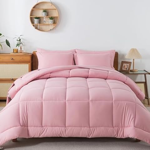 ELNIDO QUEEN 7pc Pink Queen Comforter Set,Bed in a Bag Blush Bed Set with Comforters and Sheets 7 Piece, All Season Bedding Sets for Women (Pink,Queen Size) 200GSM Cover