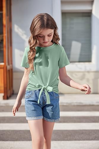 Image of Arshiner Girls Short Sleeve Shirts Tie Knot Front Tops T Shirts for Kids Crewneck Cute Casual Tie Dye Tee Blouse