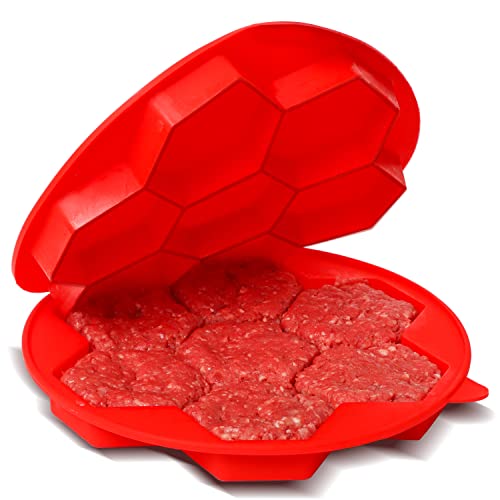Cuisinerite - 7 In 1 Hamburger Slider Silicone Mold Hexagonal Patty Maker Press, Shape, & Freeze Non-Stick Stuffed Burger To Make Patties For Freezing, Grilling, Cooking Red, 9'' Round #TOP18