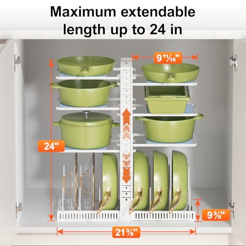LAMU Pots and Pans Organizer under Cabinet, Pan Pot Organizers inside Cabinet with 6 Shelves and Pot Lid Organizer, Adjustable Height Up to 24", Holds up to 12 Pans, Lightweight Pots, White by LAMU - Image 5