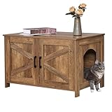 Homhedy Cat Litter Box Enclosure, Wooden Cat Washroom Furniture with Barn Door, Pet House, Fit Most of Litter Box, Rustic Walnut