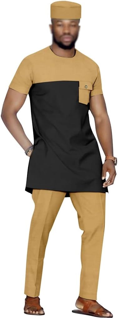 紳士服の服装 3点セット 男性用アフリカンスーツ シャツとパンツと帽子 カジュアルトラックスーツ 半袖の服装 パーティーウェディング