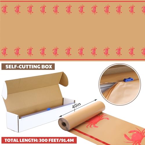 Image of Oudain 40 Inch x 300 ft Crab Print Tablecloth Roll with Cutter Box Plastic Roll Crab Print Table Cover Disposable with Cutter Box for Sea Animals Dining Kitchen Centerpiece