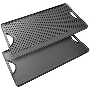 Puricon Cast Iron Grill Griddle for Gas Stove Top and Oven, 20″ Reversible Enameled Cast Iron Grill Pan Griddle Plate with Handles, Use for Two Burners Campfire Outdoor Open Fire -1 Pack, Black