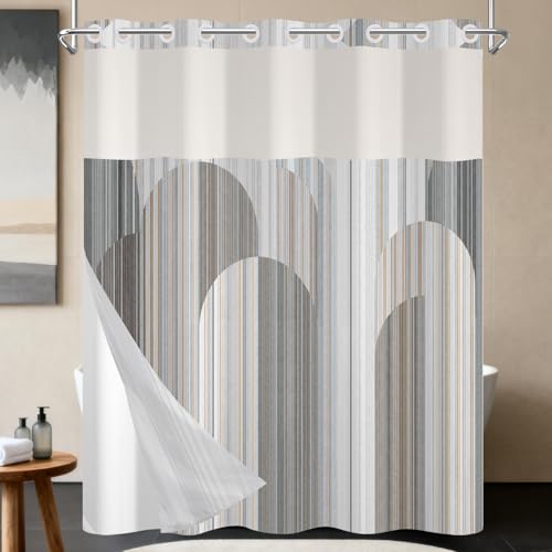 Geometric Abstract No Hook Shower Curtain with Snap in Liner, 71x74 Inch | Waterproof Fabric&Washable with Mesh Top, Gray Geometric Arch Pattern, Hotel Style Shower Curtains for Modern Bathroom