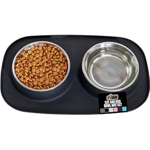 GORILLA GRIP Feeding Mat Set, Patent Pending 100% Waterproof BPA Free Silicone, Stainless Steel Cat and Dog Bowls, Slip Resistant, High Edges Catch Water Food, US Designed Pet Accessories, 1 Cup Black