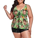 Custom Face Swimsuits for Women Custom Plus Size Two Piece Swimwear with Picture Personalized Funny Face Bathing Suit Customized Halter V-Neck Tankini Sets Swimsuit and Boxer Shorts (XL-6XL)
