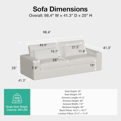 Image of Novilla 98 inch Deep Seat Modular Sectional Sofa, Removable Washable Covers, Loveseat Cloud Couch with Lumbar Pillows, Chenille Boneless Sectional Couch Beige, No Assembly Required