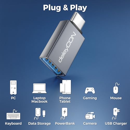 deleyCON USB-C na USB 10 Gbps OTG (2 Szt.) - Wtyk Typ-C do Gniazda USB-A - do iPhone 17/16/15 Air/Pro/Max, Galaxy S25/S24/S23, A56, A16, Tabletu, MacBooka, iMaca, iPada, Notebooka itp.