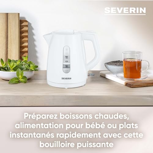 SEVERIN Bouilloire à Manipulation Facile, 1L, 2 200W, Filtre Anticalcaire Amovible, Socle 360°, Enrouleur de Câble, Blanc, WK 3411