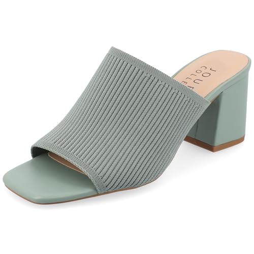 Journee Square Open Toe Chunky Block Heel Knit Slip-On Pump for Women - Lorenna Heeled Fashion Mule Green, 8