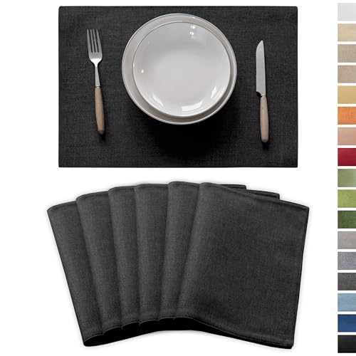 Demetex Cloth Placemats Set of 6 Black Stain Resistant Place Mats Oil Proof Washable Plate Mats for Dining Table Holiday Cafe Banquet, Black