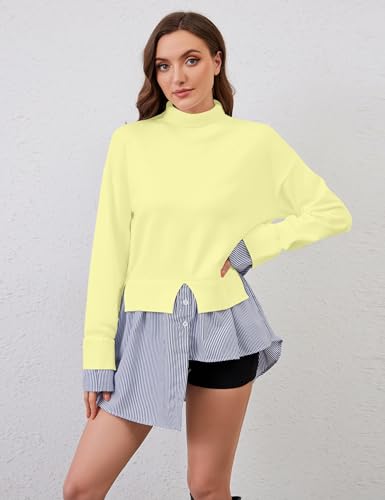 Image of MISSACTIVER Women Slit Turtleneck Patchwork Sweater 2 in 1 Buttons Down Pullover Knit Sweater Asymmetrical Hem Shirt Top