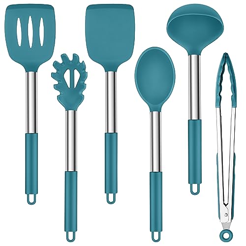 Herogo Juego de 6 utensilios de cocina de silicona, con mango de acero inoxidable, resistente al calor y antiadherente, espátula de silicona, color azul