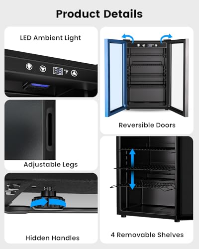 Image of Feelfunn 4.5 Cu.Ft Beverage Refrigerator Cooler - 145 Can Mini Fridge Glass Door for Soda Beer Wine, Small Refrigerator for Bedroom Office Home Bar, 4 Adjustable Shelves, Black