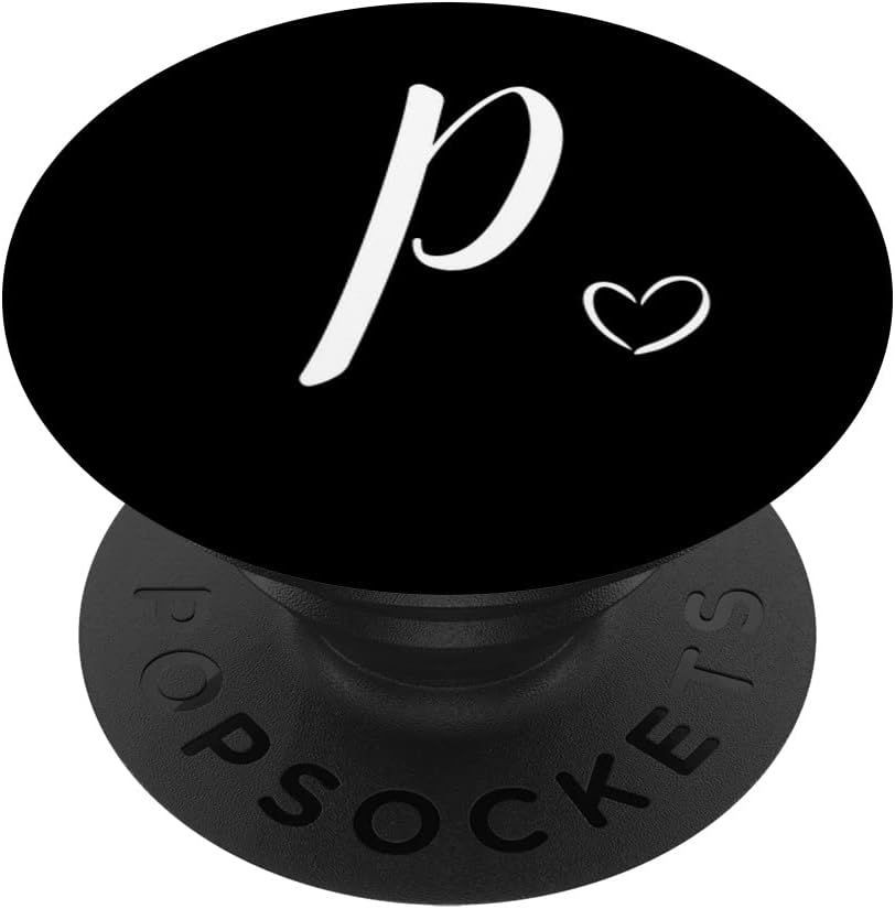 White Initial Letter P Heart Monogram on Black PopSockets Swappable PopGrip