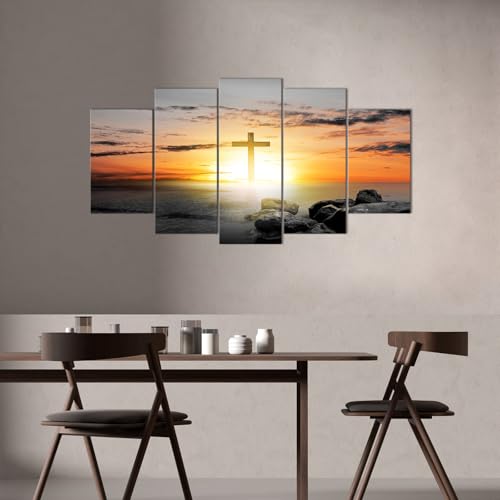 Canvbay 5 Panel Christian Cross Canvas Wall Art Sunset Ocean Landscape Picture Prints Religious Jesus Christ Cross Seascape Artwotk for Living Room Home Church Decor by Canvbay - Used condition - Image 5