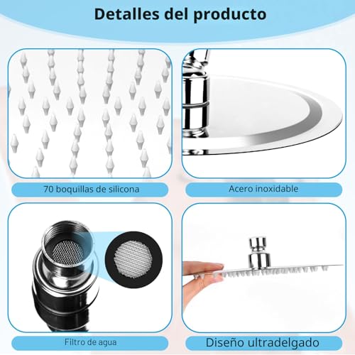 Miniatura 5 de 8 Pulgadas 20cm Rociador Para Ducha Redondo Cabezal De Ducha Lluvia De Acero Inoxidable Alcachofa Ducha Antical Ducha De Acero Con 360 Ajustable, G1 2 , Plata