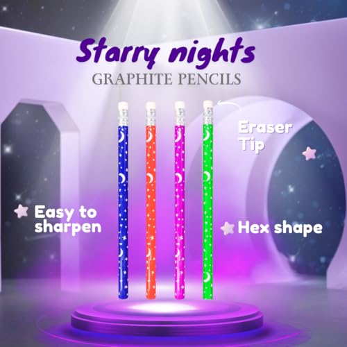 Image of Starry Night Pencil (100) | Super Fun Unicorn & Space Cartoon Theme Dark Lead Pencils for Kids | HB Writing Pencils for Girls & Boys | School & Return Gift Stationery.
