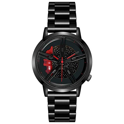 Reloj para Hombres, Reloj De Pulsera para Hombre con Llanta De Cubo De Llanta para Coche, Relojes Impermeables Cool Man Black, Reloj De Cuarzo De Acero Inoxidable De Malla 25.3cm como pic