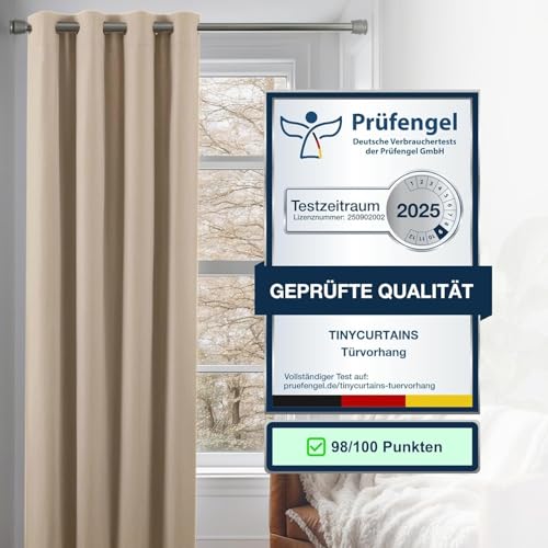 Cozyor Praktisches Set ohne Bohren: 2X Vorhang + 1x Klemmstange Silber 111-200 cm + 2X Raffhalter mit Magnet Blickdicht & verdunkelnd, als Raumteiler, Fenster & Tür Beige Thermovorhang 240x135cm