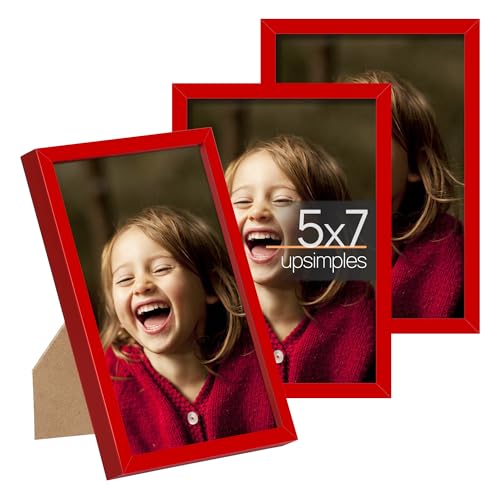 upsimples 5x7 Picture Frame Set of 3, Made of High Definition Glass for 5 x 7, Wall and Tabletop Display Thin Border Photo Frames for Home Decor, Red