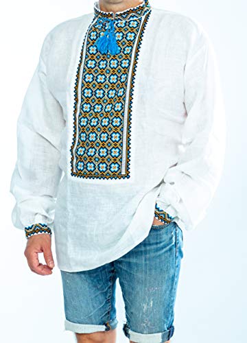 Shirts For Men Ukrainian Vyshyvanka Men's Embroidered White Blue Brown Shirt Linen Wedding (3X-Large) #TOP4