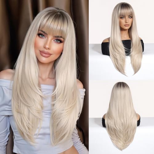 Novastel Human Hair Wigs for Women Long Straight Layered Platinum