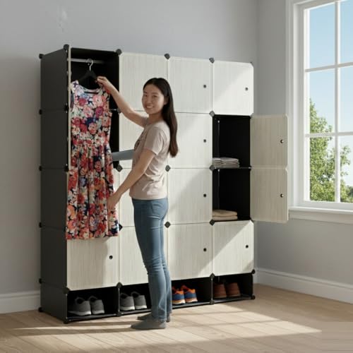 Image of KRISHYAM 12 Box Collapsible Wardrobe Organizer with Doors & 3 Shoe Box Storage, DIY Closet Cabinet for Clothes, Shoes, Toys, Books & Bedroom Storage